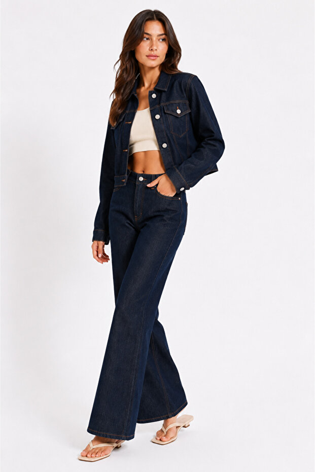 Women's Dark Navy Blue Denim Jacket and Pants Set
