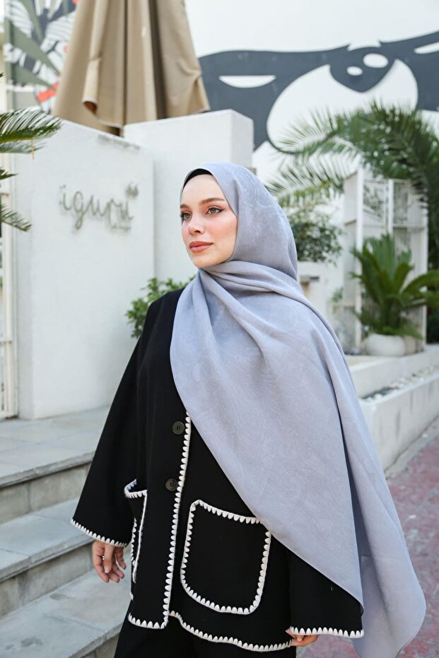 Jacquard Ethnic Pattern Vellure Shawl - Gray