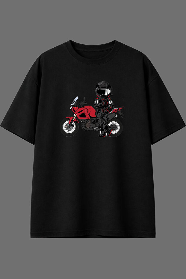 Lying down Biker Design Pre-Printed Black Oversize T-Shirt