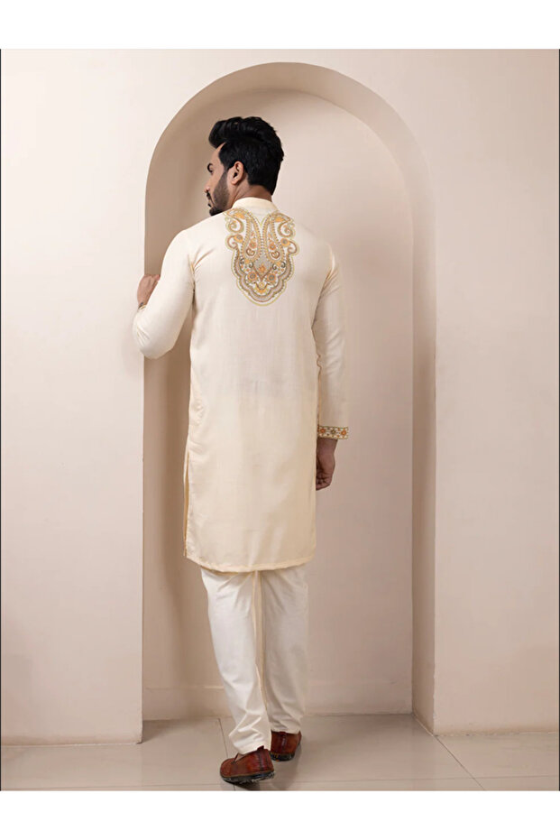 Mens Beige Ethnic Print Cotton Kurta Set