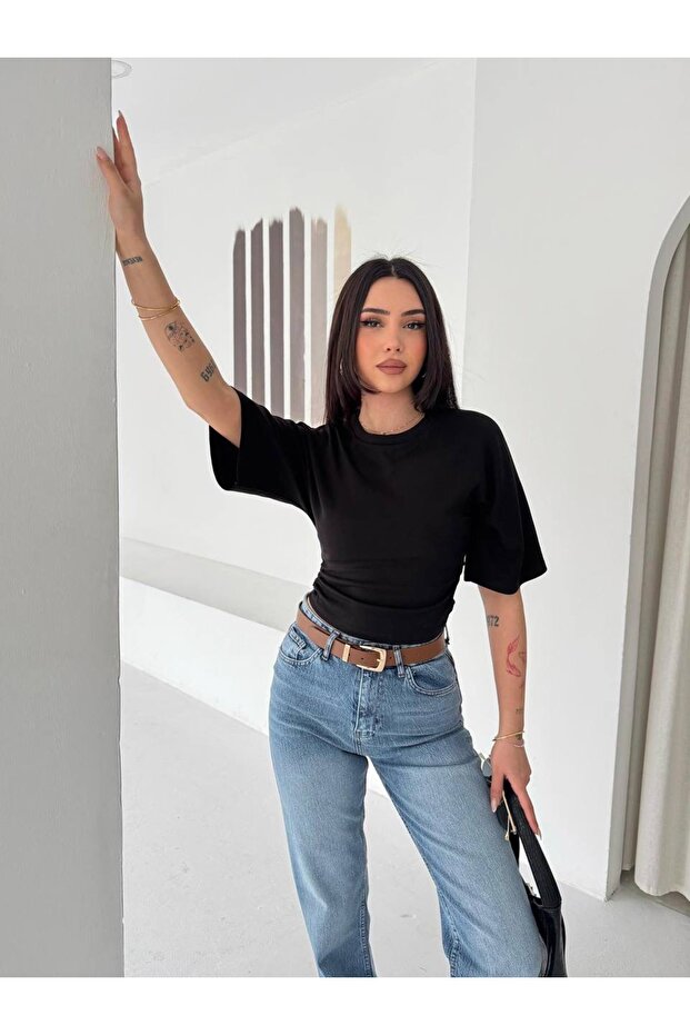 Women's Drawstring Detailed Crop T-Shirt – Short Sleeve Basic Blouse