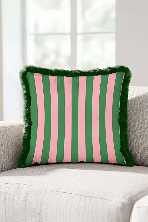 Modern Striped Elegant Fringed Pillowcase-Retro Geometric Bohemian Pink Black Tassel Throw Pillow Cover
