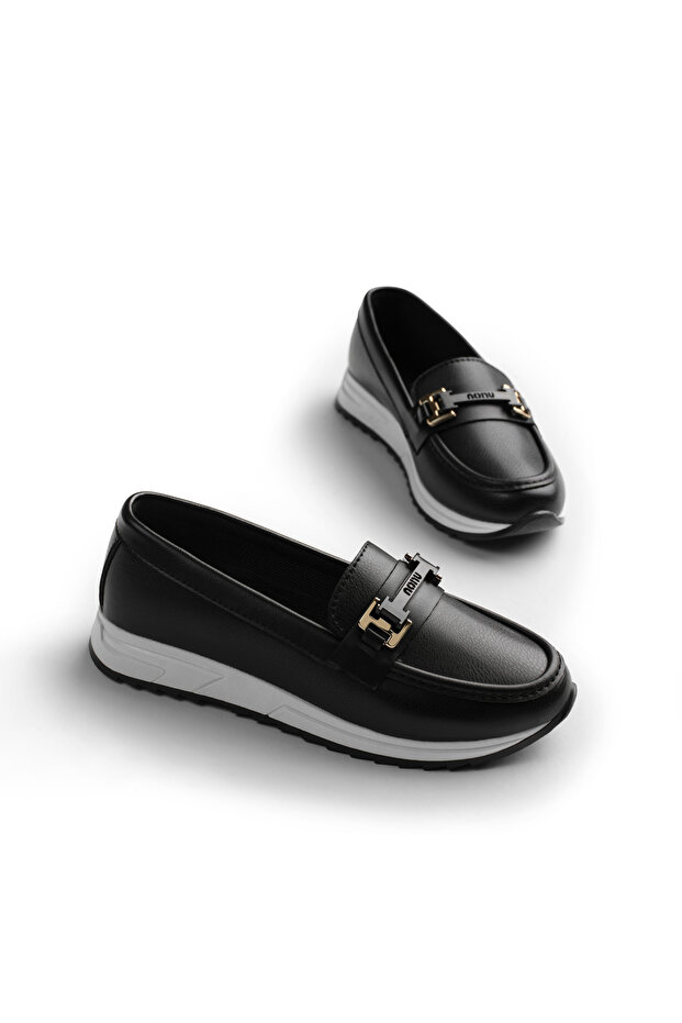 Women's Black Comfortable Fit Non-Slip Sole Buckle Loafer