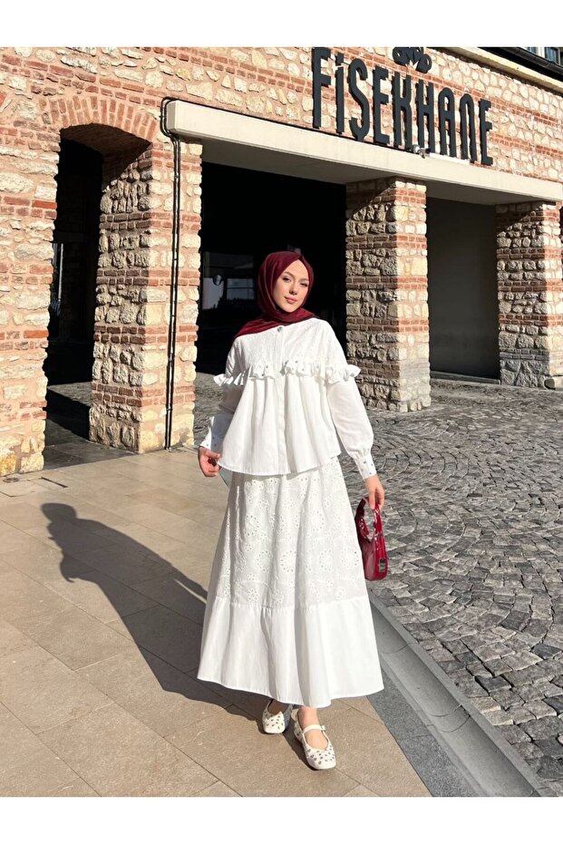 Ruffled stone embroidered skirt and shirt set