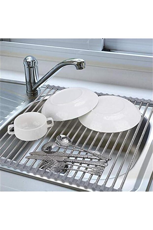 Roll Up Dish Drying Rack Over The Sink 17.7(L) x 15.6(W), Multipurpose Foldable Stainless Steel Kitchen Rollable Drainer Rack, Gray