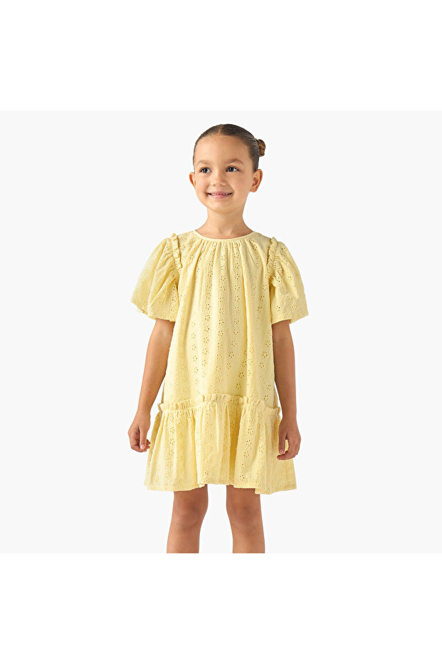 Round Neck Short Sleeves A-line Dress with Schiffli Detail