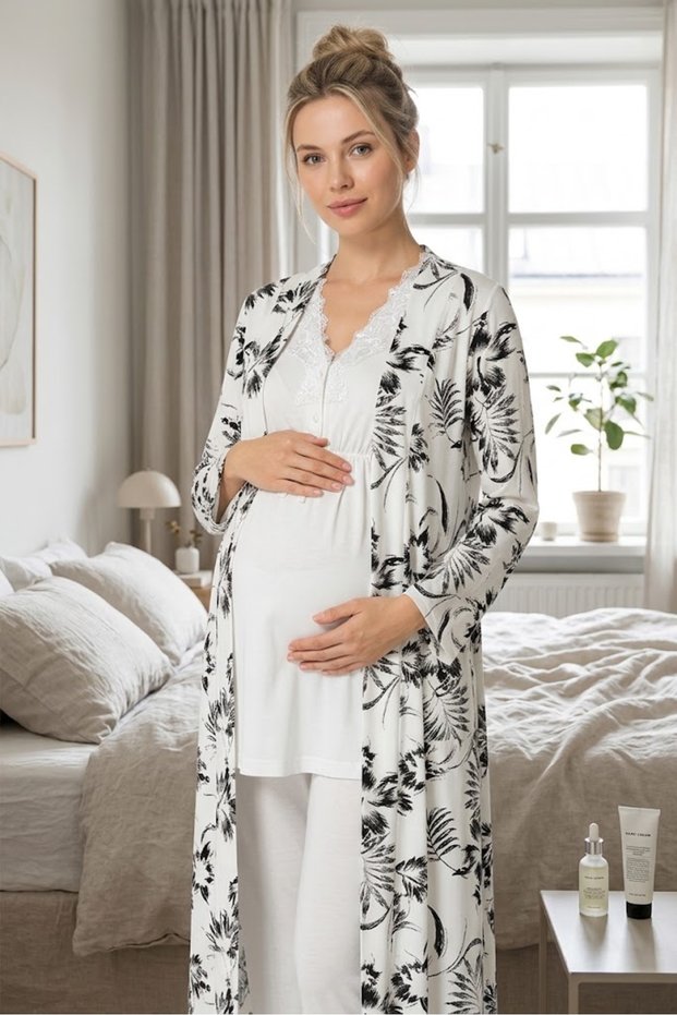 Women's Ecru Lace Patterned New Season 3-Piece Maternity Pajama Set with Dressing Gown