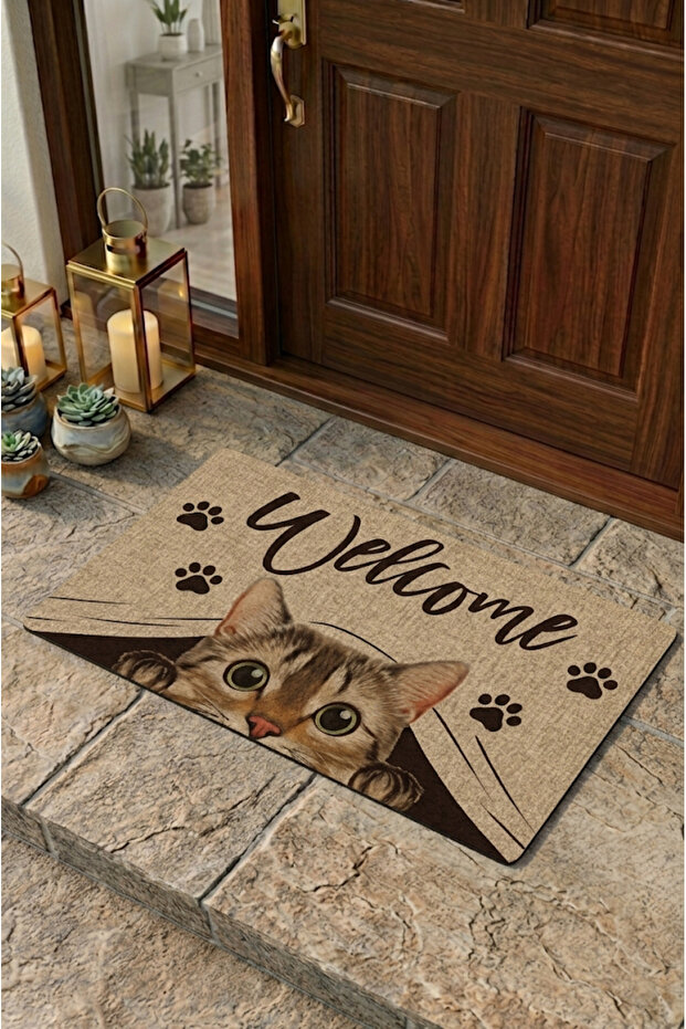 Decorative Welcome Mat with Cute Tabby Cat Figure - Premium Digital Printing