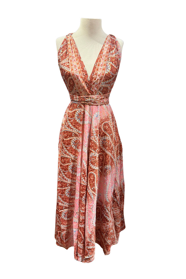 Brick Red Halter Neck Open Back Silk Dress