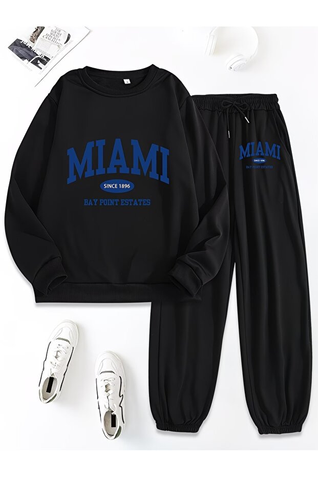 Unisex Men's and Women's Miami Printed 3 Thread Crew Neck Sweatshirt Set