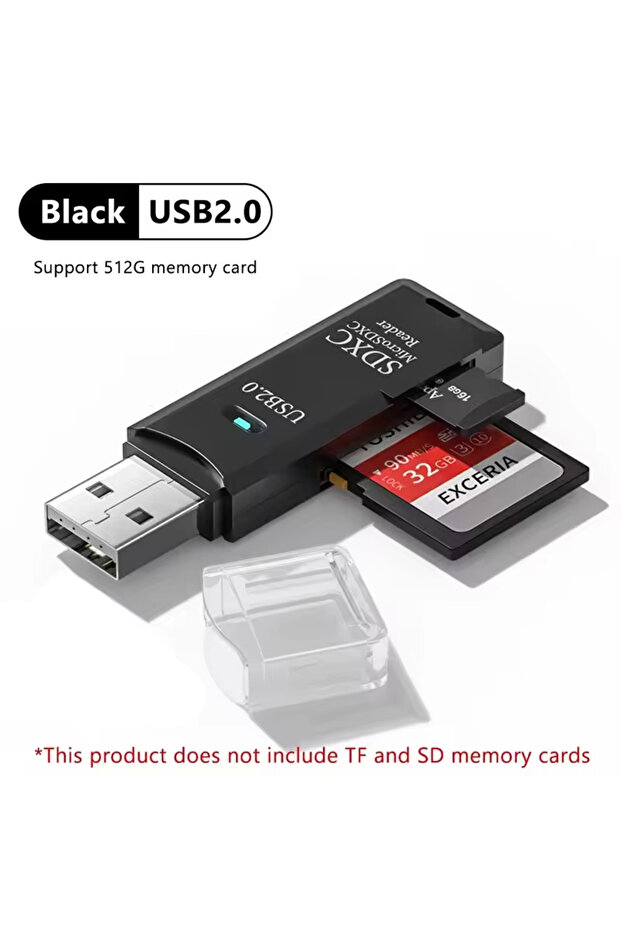 قارئ بطاقات USB 2.0 أسود اللون، 2 في 1، يدعم USB 3.0 و2.0، قارئ بطاقات مايكرو SD، محول USB عالي السرعة