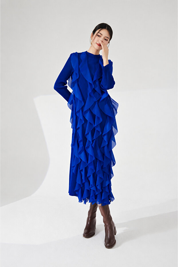 Ruffled, Belted Lycra and Elegant Dress.