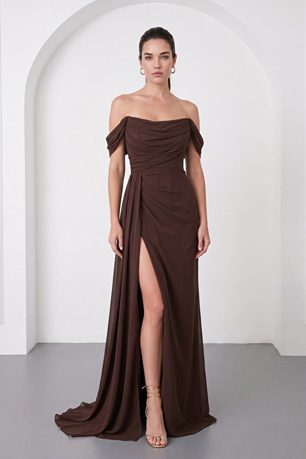 Women's Brown Off-Shoulder Long Chiffon Evening Dress with Side Slits