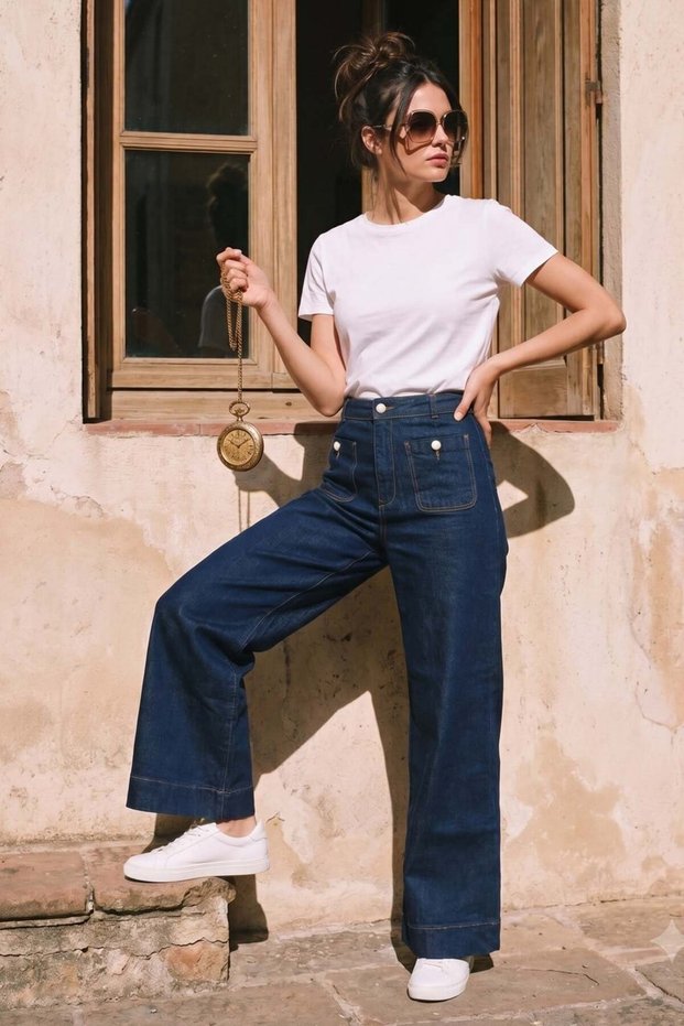 Women's High Waist Double Pocket Palazzo Trousers - Navy Blue