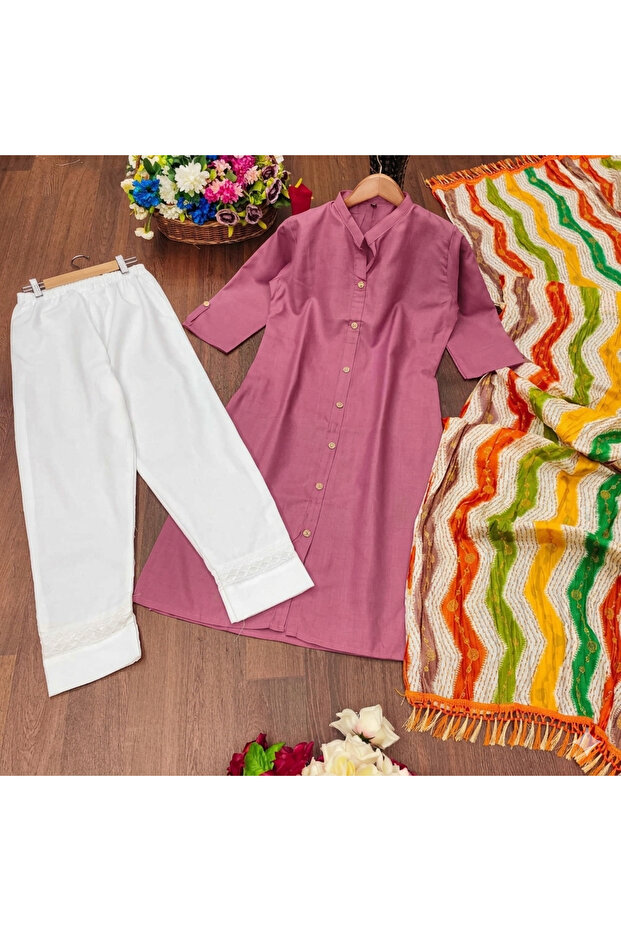 Dusty Pink Slub Cotton Kurta Set - NJF2731 | Dusty Pink-Size:M-38-Inches