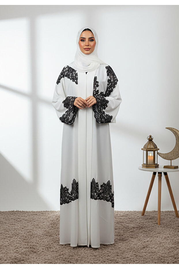 White Contrast Lace Abaya-858