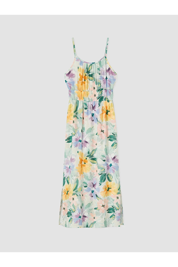 Ecru Rope Strap Floral Slit Dress
