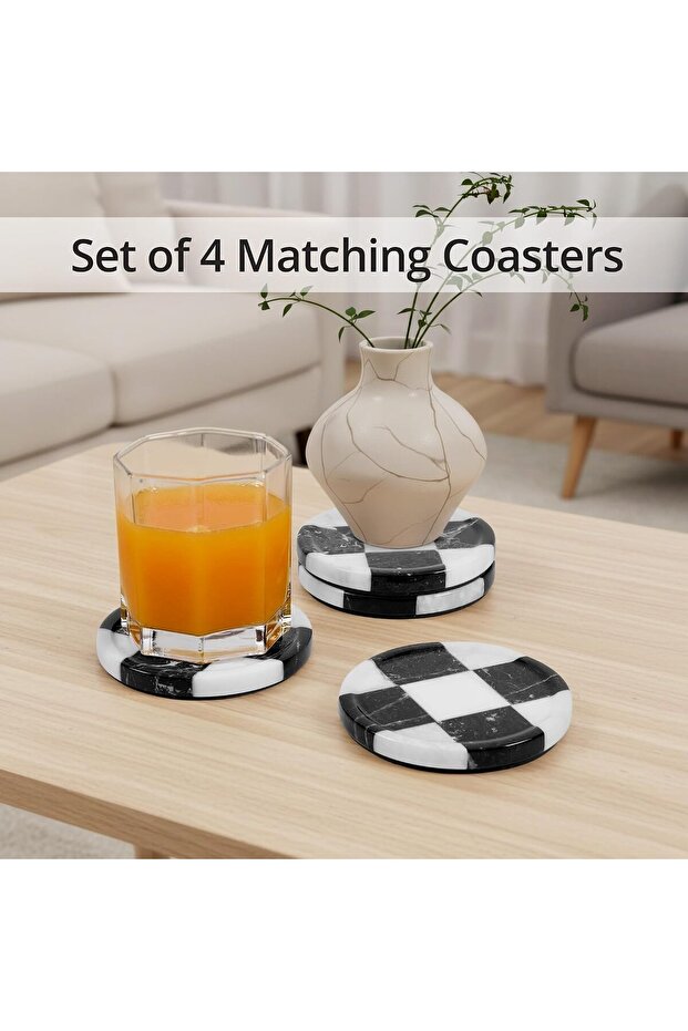 Marble Coasters Set of 4, Zebra Black & White Drink Coasters for Coffee Table, Home Décor