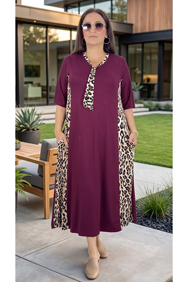 Leopard Printed Pocketed Full Lycra V-Neck Plus Size Cotton Viscose Summer Dress