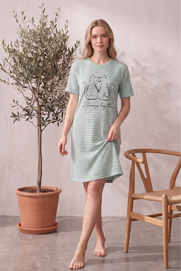 Cotton Patterned Striped Interlock Knitted Short Sleeve Nightgown Dress 95cm