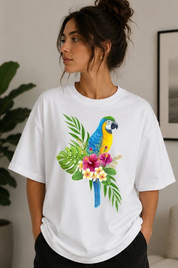 Colorful Papagan Beach T-Shirt, Parrot Beach Tee, 100% Cotton Unisex Oversized Cotton White T-Shirt, Crew Neck T-Shirt