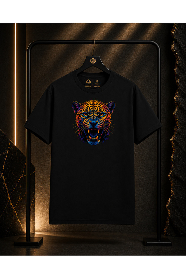 Unisex Cheetah Printed 100% Cotton Oversize Crew Neck Short Sleeve T-Shirt Black