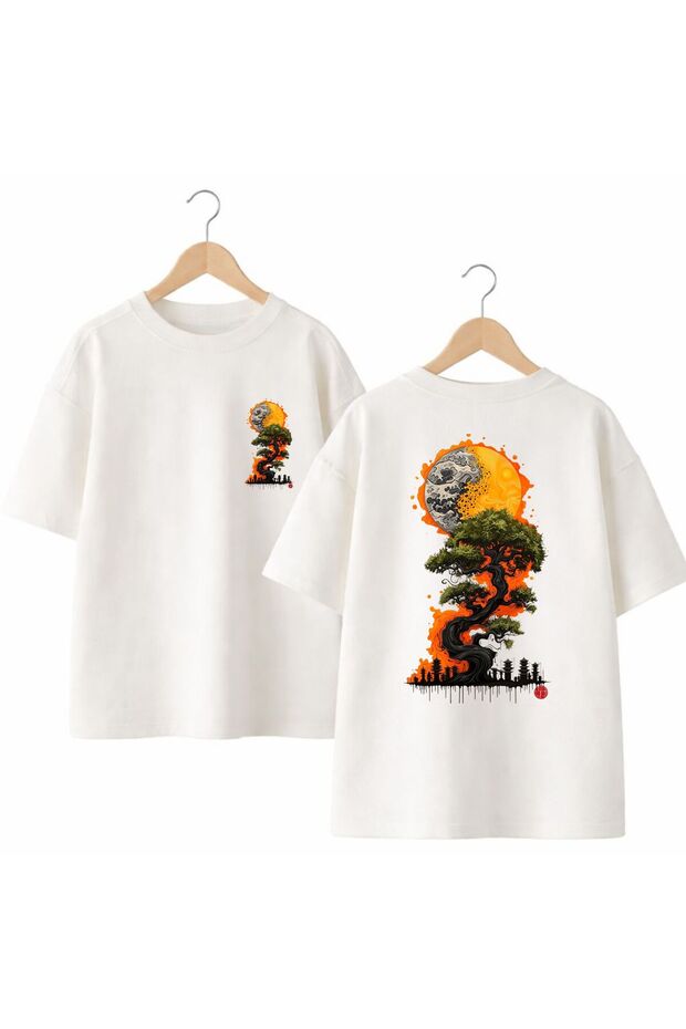 Ivy Tree Moon Printed on the Back and Front Chest, 100% Cotton Oversize Loose Regular Fit Crew Neck T-Shirt
