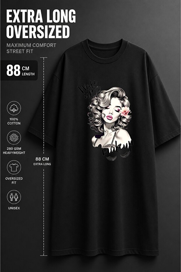 Women's Wake up and Makeup Printed Extra Long Oversize Tunic T-Shirt