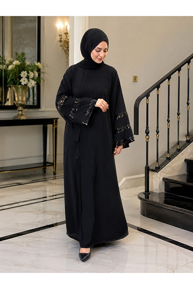 Flared Sleeves, Three-Stripe Accessory Detail, Loose Fit, Dress That Can Be Worn on Casual and Special Occasions.