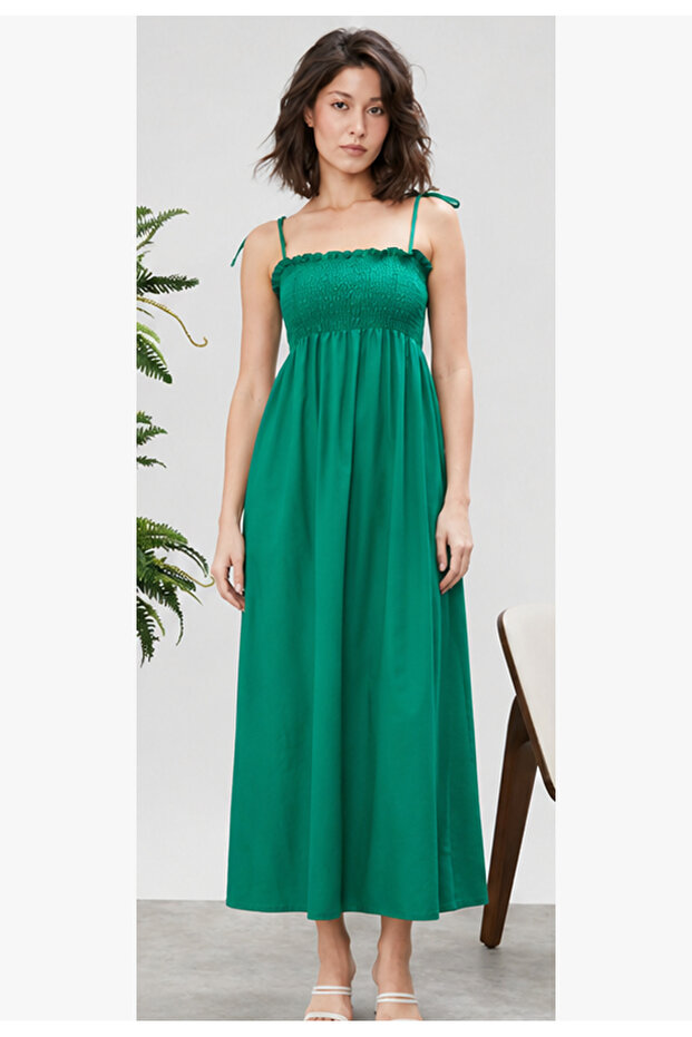 Women's Long Dress - Plain Women's Long Comfortable Stylish Green Dress - Shoulder Straps with Ruched Details