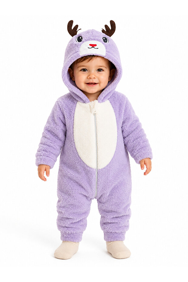 Sweet Deer Patterned Welsoft Baby Romper Hooded Plush Zippered Winter Unisex Baby Romper