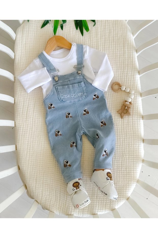Little Dog Lover Knitted Denim Fabric Salopet Seasonal 2 Piece Set