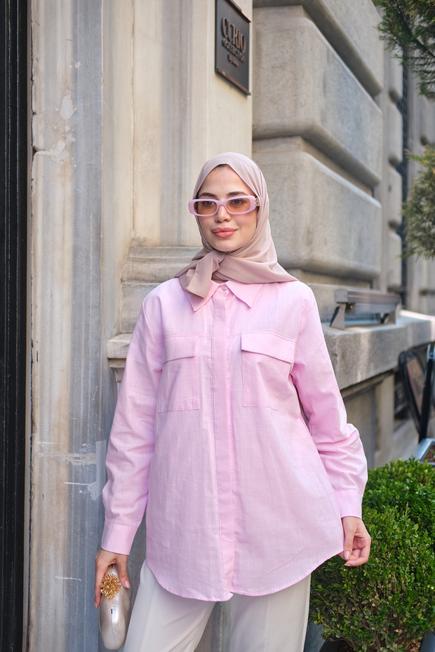 Women's Double Pocket Detail Hidden Button Self Patterned Linen Shirt Pink