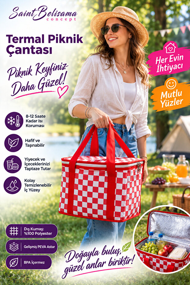 Thermo Luxury Picnic Bag Red Plaid - Beach Bag - Thermo Picnic Bag 35 X 20 X 20 cm (20 Liters)