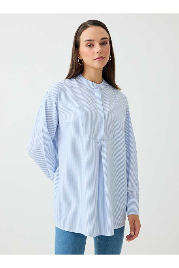 Hakim Collar Button Detailed Striped Blouse / Shirt - Blue Striped -