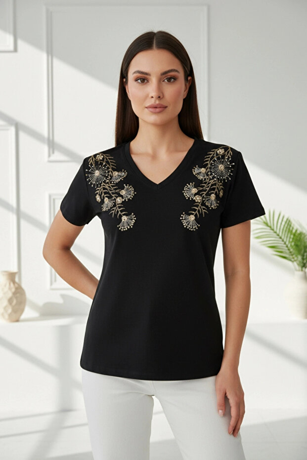 Women's Plus Size Black V-Neck Two-Shoulder Floral Sequin Embroidered 100% Cotton Combed Cotton Blouse