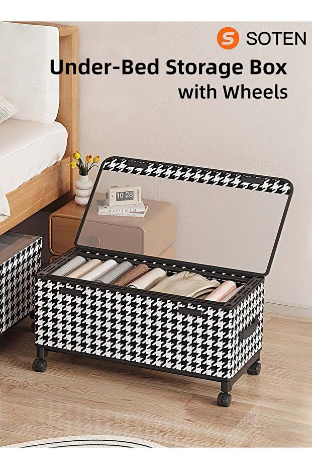 SOTEN Under-Bed Storage Boxes with Wheels & Handles, Houndstooth Pattern Rolling Storage Organizer with Clear Window Lid, Low-Profile Large Capacity Storage Box for Clothes, Bedding, Shoes & Toys