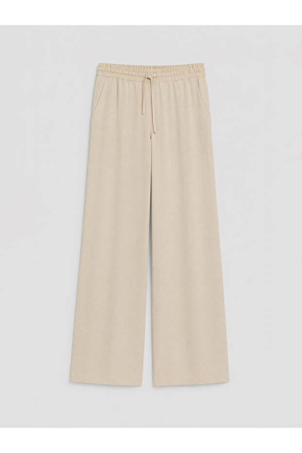 Beige Elastic Waist Wide Leg Women's Trousers
