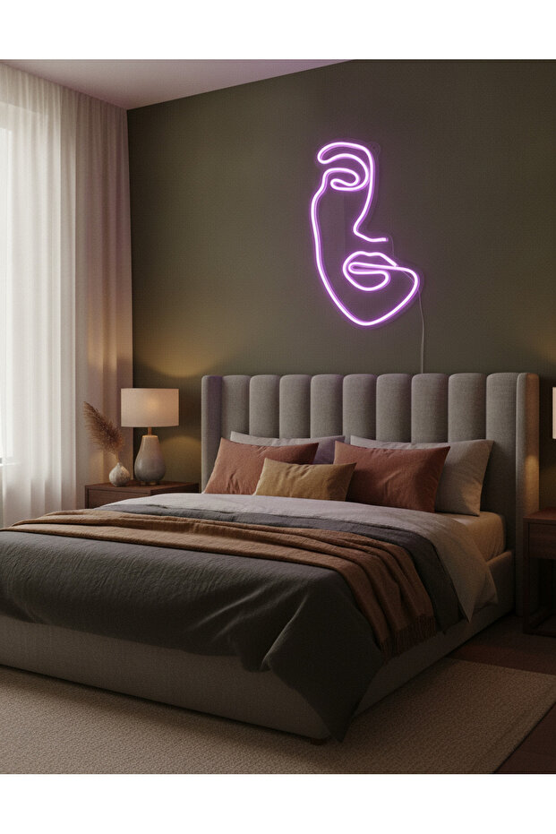 Soyut Yüz Figürlü LED Neon Duvar Tablosu | Mor Aydınlatmalı Modern Dekor | Salon - 4
