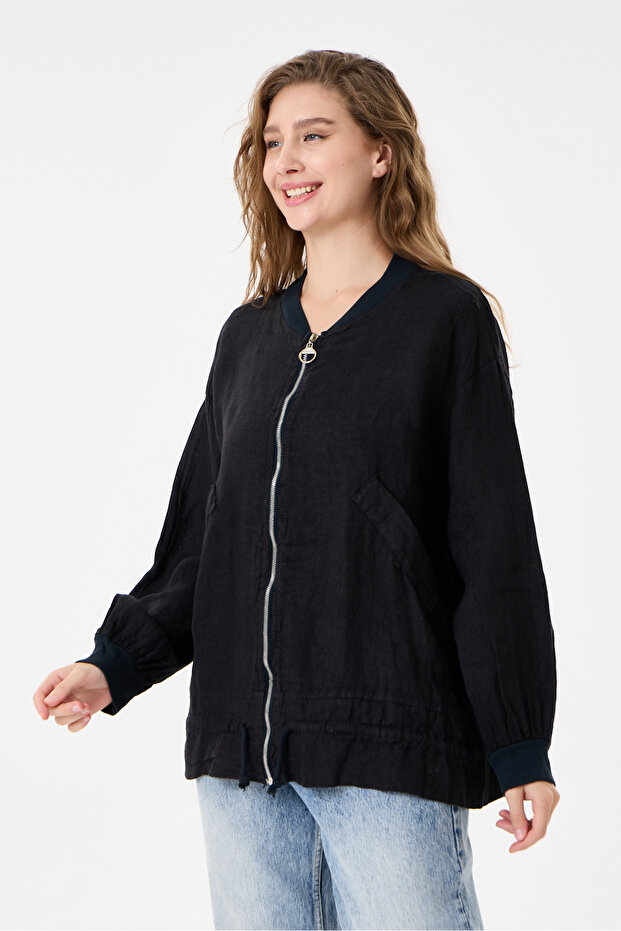 Black Italian 100% Linen Low Sleeve Zippered Oversize Linen Jacket Blouse with Tie at Hem Size 40 - 44
