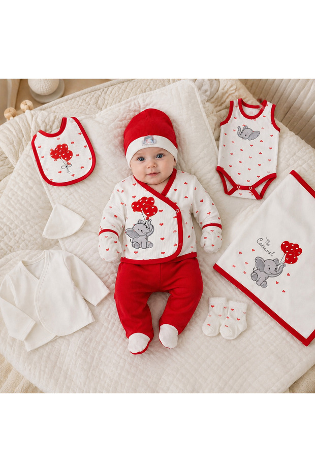 10-Piece Newborn Hospital Release Baby Set with Elephant Embroidery and Hearts - 100% Cotton - Boxed