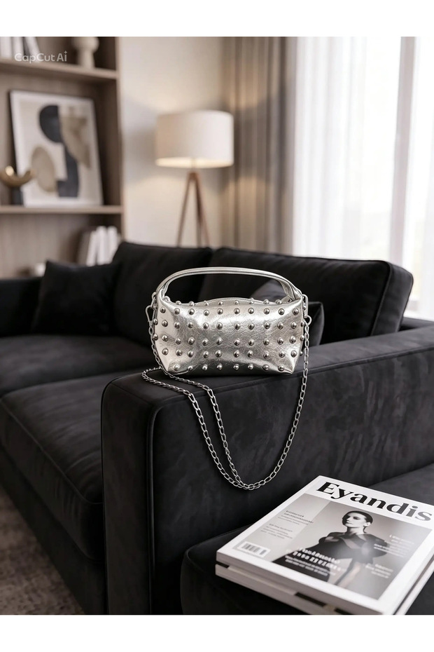 Women's Troc Studded Baguette Chain Strap Shoulder and Crossbody Bag