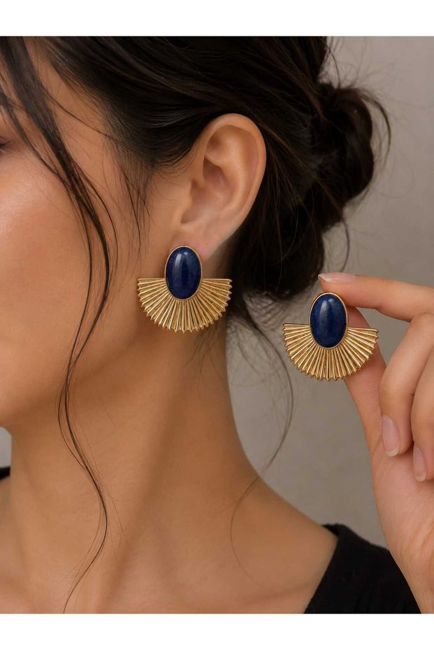 Navy Blue Stone Detailed Gold Women's Earrings Vintage Geometric Stylish Earrings Evening Dress and Daily Jewelry
