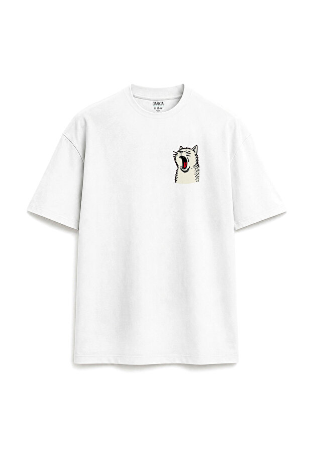 Stretching Sleepy Cat Minimal Printed Design Relax Fit White T-Shirt