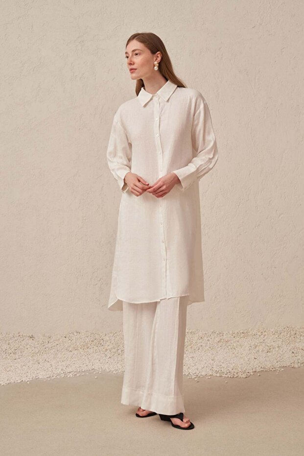 Off-White-Comfortable Fit Long 100% Linen Shirt