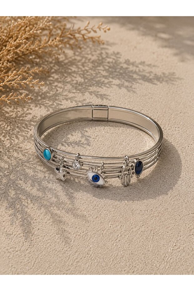 Steel Evil Eye Charm Bracelet – Silver Color Multi-Figured Handcuff Bracelet
