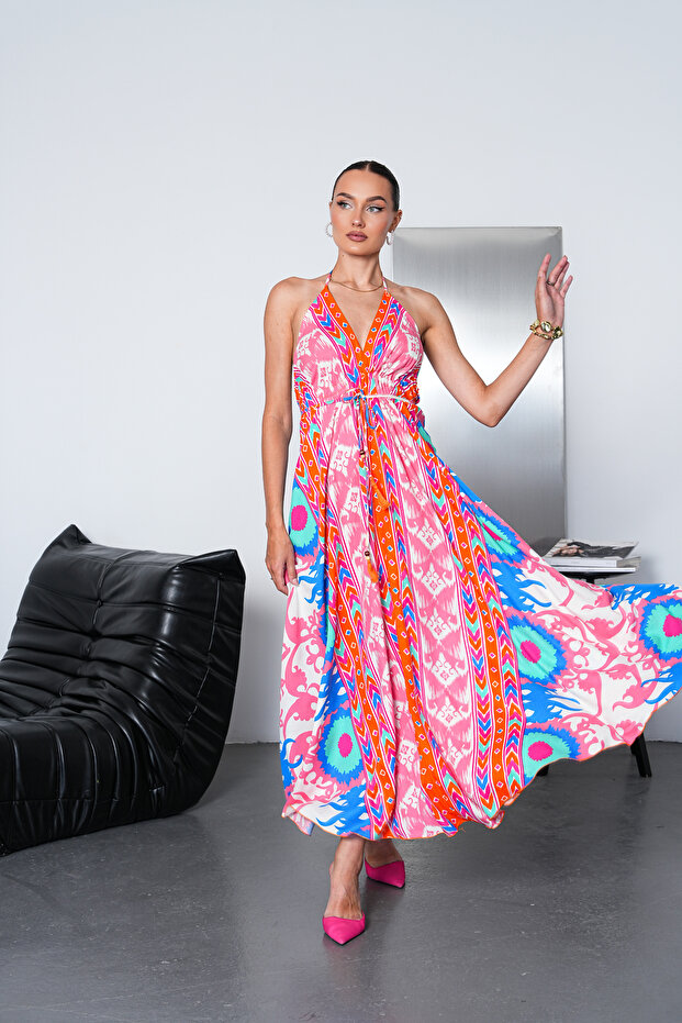 Long Oversized Dress with Halter Neck Detail and Backless Slit