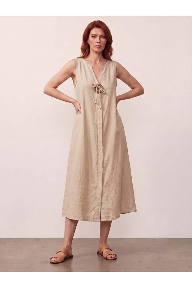 Linen Textured Buckle Sleeveless Cotton Dress Stone