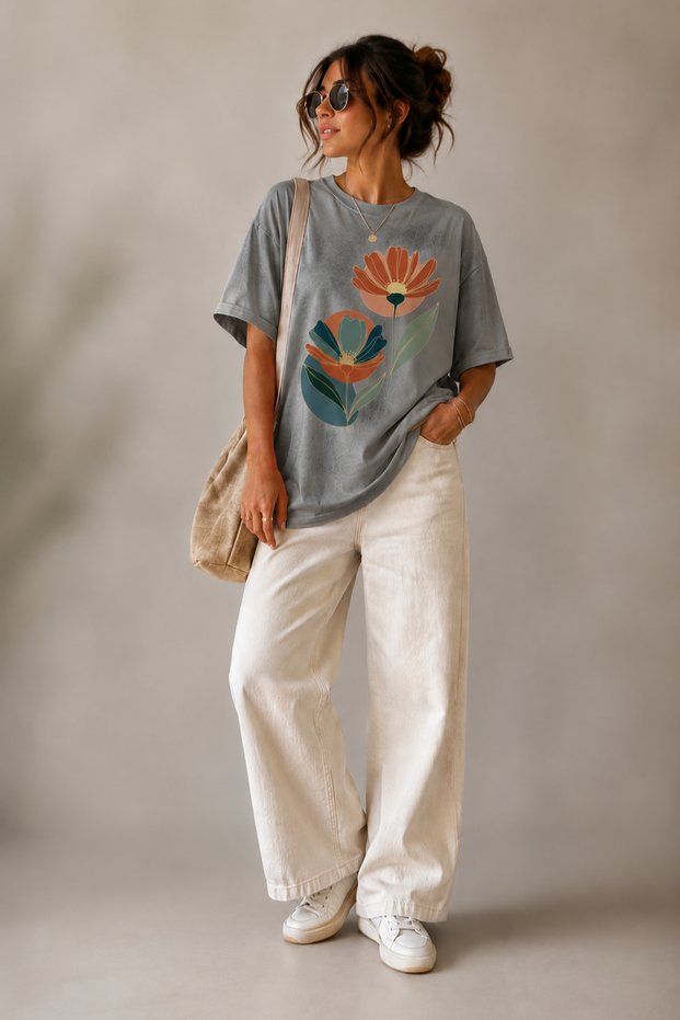 Minimal Double Floral Print Crew Neck Casual Unisex Oversize T-Shirt - Cotton Casual T-Shirt
