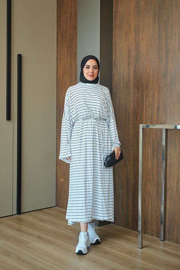 Women's Striped Long Sleeve Dress White